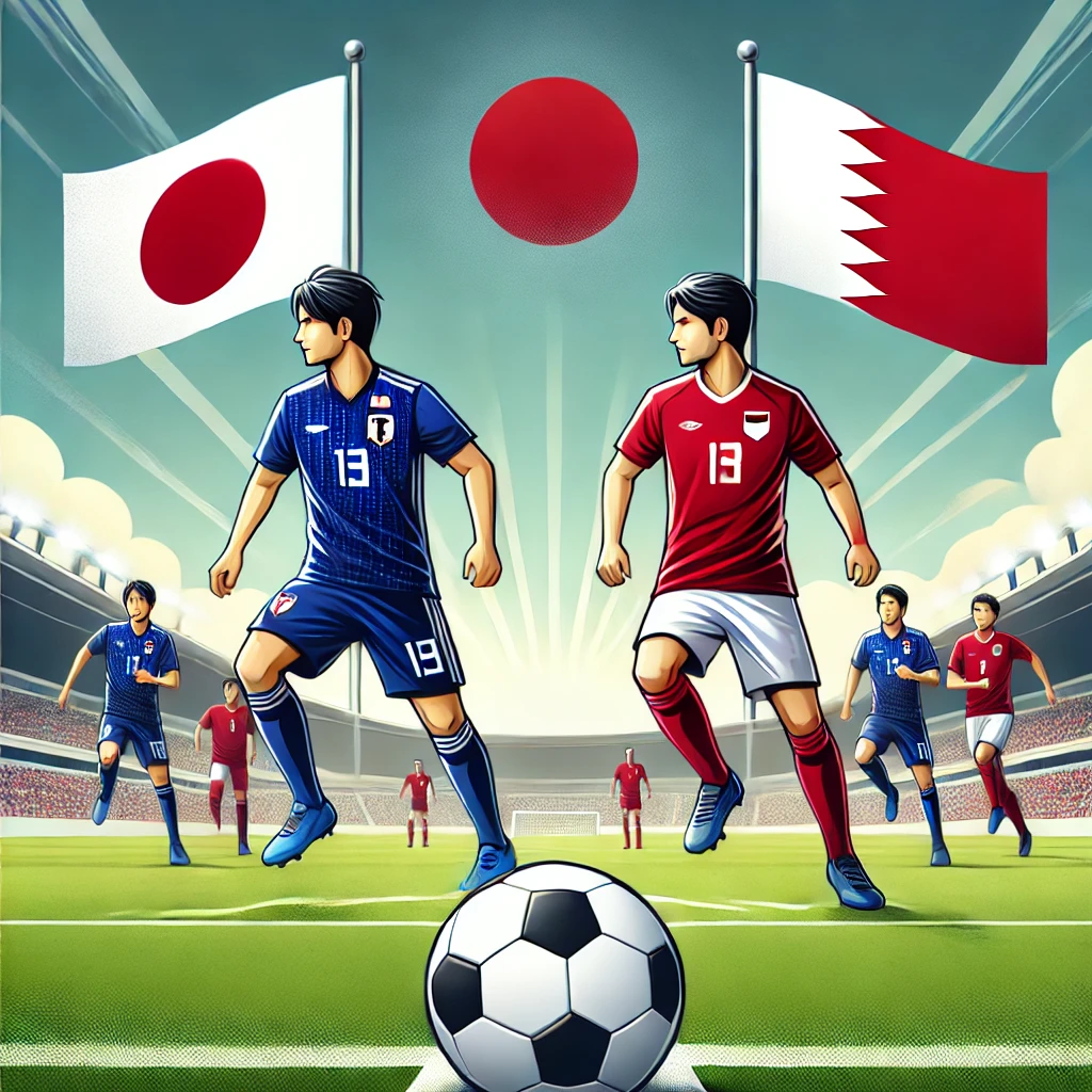 DALL·E 2025 03 19 03.23.33 A simple image representing a football match between Japan and Bahrain with players from both teams on a football field Japan wearing blue jerseys a